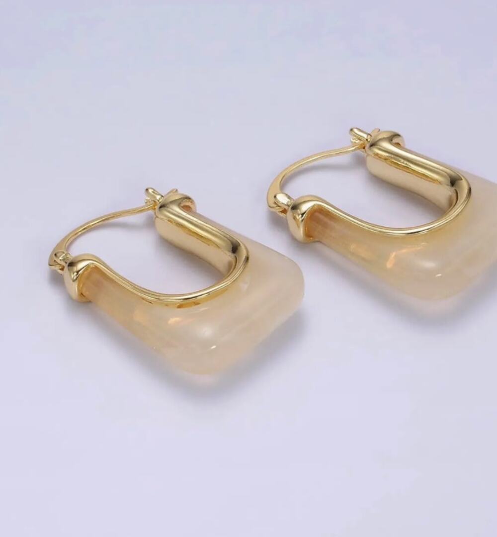 14K Gold Filled 30mm Cream Resin U-Shaped Rectangular Latch Hoop Earrings